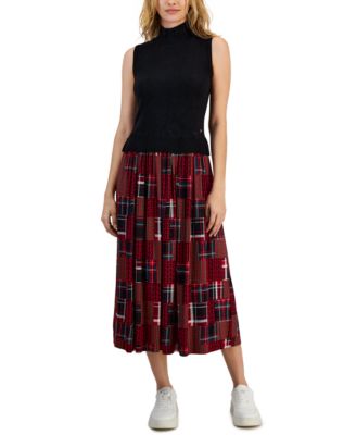 Tommy Hilfiger Womens Plaid-Skirt Sleeveless Sweater Dress