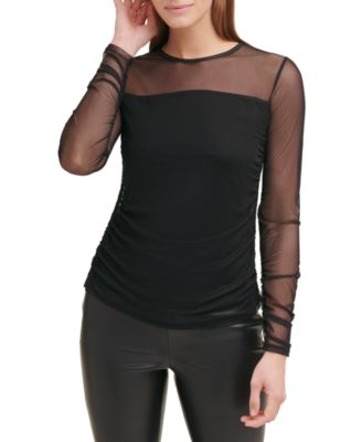 DKNY Womens Solid Sheer-Sleeve Cre