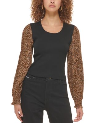 DKNY Jeans Womens mixed media Animal Print blouse