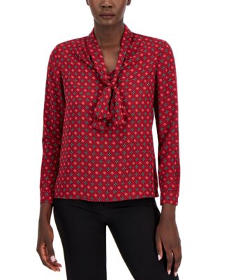 Anne Klein Womens Printed Satin-Twill Blouse