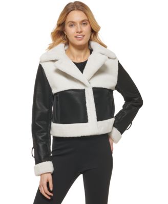 DKNY Womens Cropped Faux Shearling