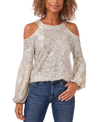 Womens Sequined Cold-Shoulder Champagne