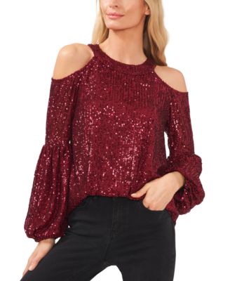 CeCe Women's Sequined Cold-Shoulder Classic Blouse