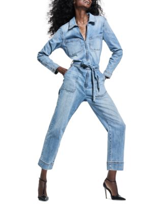 Gloria Vanderbilt Womens Denim Belted Jumpsuit Woodside Wash