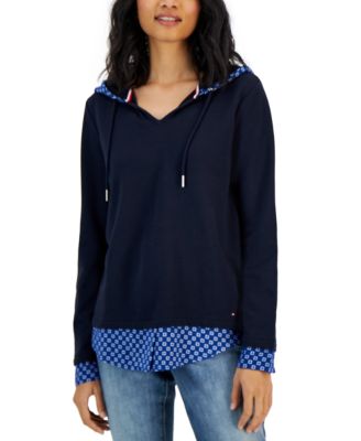 Tommy Hilfiger Womens Layered-Look French Terry Hoodie Top