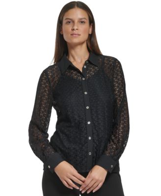 Tommy Hilfiger Womens Sheer Lace Button-Front Shirt