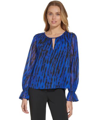 DKNY Printed Split-Neck Ruffled-Cuf Deep Cobalt Multi