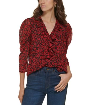 KARL LAGERFELD PARIS Womens Floral-Print Puff-Sleeve chiffon blouse