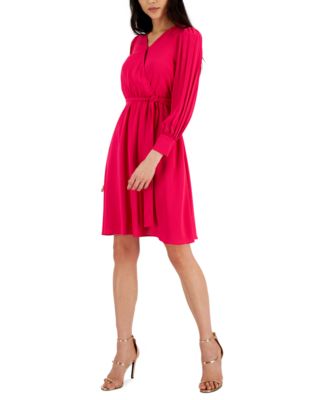 Anne Klein Womens V-Neck Pleated-Long-Sleeve dress