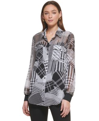 DKNY Womens Plaid-Print Button-Down blouse top