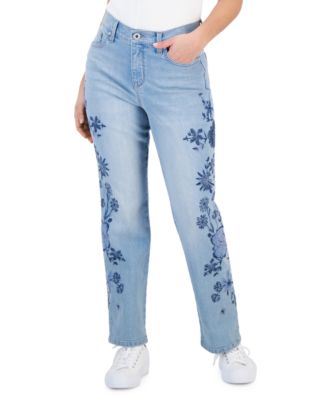 Style Co Petite High-Rise Embroidered Straight-Leg Jeans