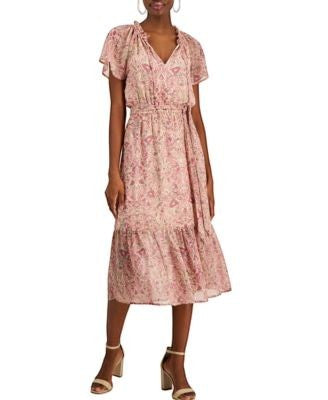 INC  Womens Paisley Pink Purple Smocked Waist Tie Neck Flutter-Sleeve Dress- Blush