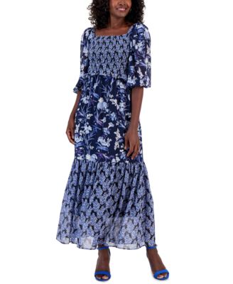 Taylor Women's Mixed-Print Smocked Tie-Back Dress