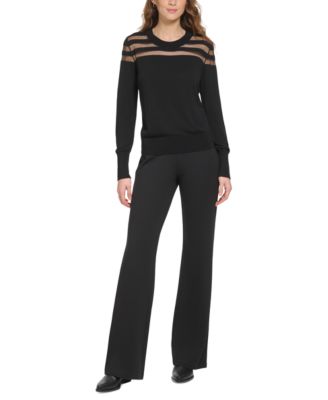 DKNY Womens Mesh-Striped-Yoke Turt