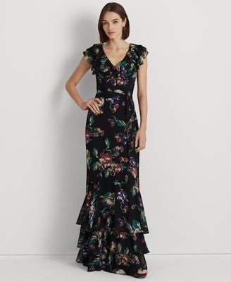 Lauren Ralph Lauren Womens Belted  Floral Dress. Crinkle Georgette Blue Navy 14