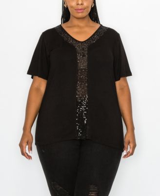 COIN 1804 Women Plus Size Sequin Accent Black  Blouse Top Black 3X