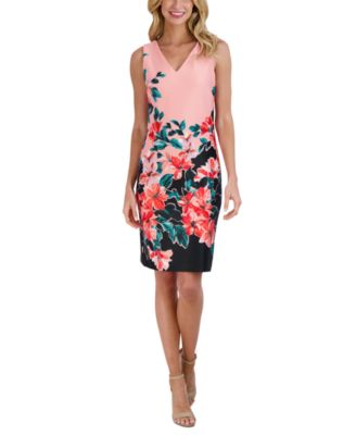 Donna Ricco Womens Floral-Print V-Neck Sh Coral Multi