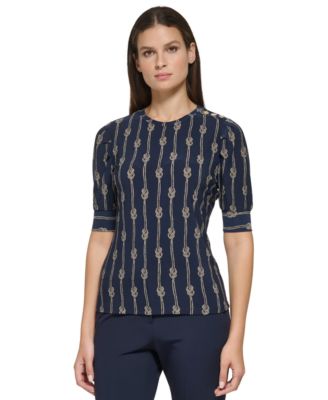 Tommy Hilfiger Womens Knot-Print Puff-Sleeve Knit Top