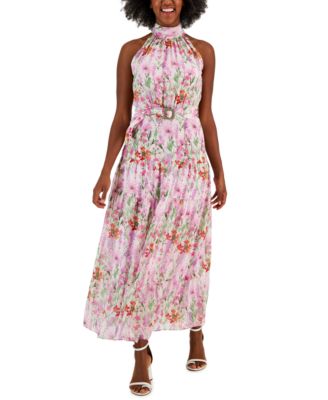 Taylor Printed Chiffon Sleeveless Buckle-Waist Maxi Dress