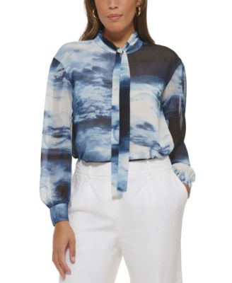 Calvin Klein Petite Cloud-Print Tie-Neck Lo Oceana