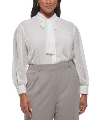 Calvin Klein Plus Size Tie-Neck Clip-Dot Long sleeve top