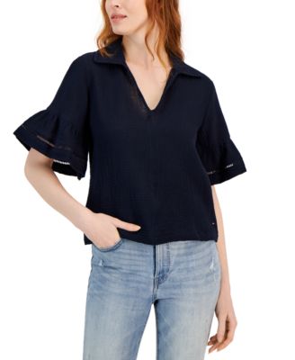 Tommy Hilfiger Womens Ruffled Sleeve Popover Top