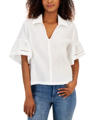 Tommy Hilfiger Womens Ruffled Sleeve Popover Bright White Top