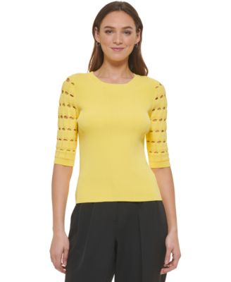 DKNY Womens Checkered-Sleeve Ribbe Goldfinch