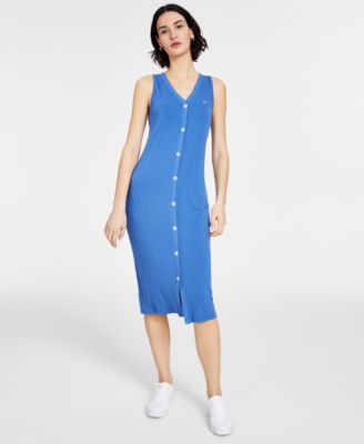 Tommy Jeans Womens Button-Trimmed Ribbed Midi Dress