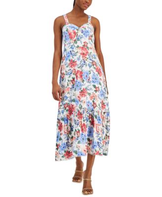 T Tahari Womens Printed Sweetheart-Neck Linen Maxi Dress