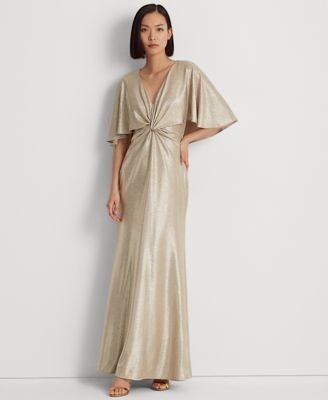 Lauren Ralph Lauren Womens Foil-Print Jersey Cape Dress.  Birch Gold 4