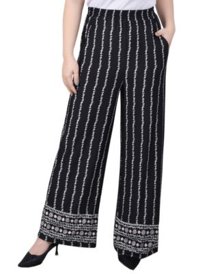 NY Collection Women's Petite Wide Leg Navy Dot Border Palazzo Stretch Pants  PXL