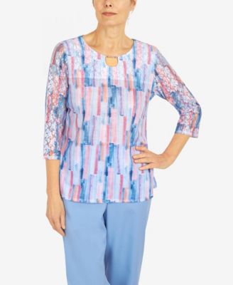 Alfred Dunner Women's  Petite Brushstroke Blouse Top Multicolor Blue  PL