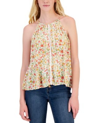 Hippie Rose Juniors High-Neck Crochet-Trimmed halter top Black