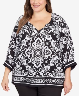 Ruby Rd. Plus Size Woven Print Rayon Blouse Top Black, White- 2X