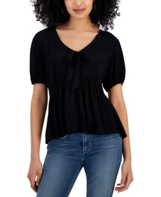 Kingston Grey Juniors Puff-Sleeve Bow Babydoll Blouse Top Black Small