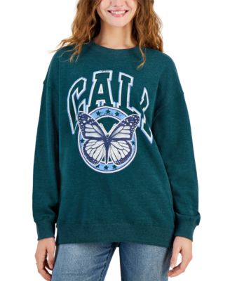 Rebellious One Juniors Butterfly Crewneck Sweatshirt . Cali butterfly print . Heather Botanical Green Large
