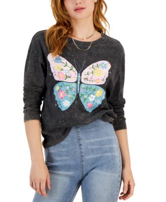 Rebellious One Juniors Butterfly Long-Sleeve sweatshirt top. Black Medium