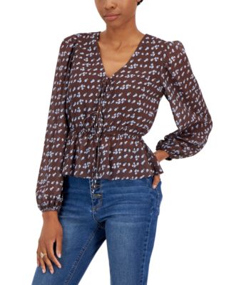 Lucy Paris Womens Freja Tie-Front Peplum Brownblue Ditsy Floral XS