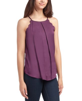BCX Juniors' High-Neck Scallop-Edge Sleeveless Satin Top Plum Large