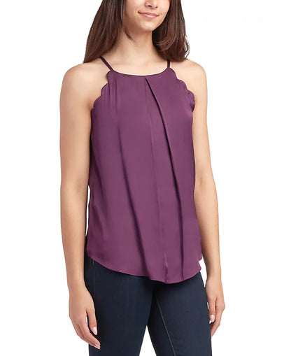 BCX Juniors' High-Neck Scallop-Edge Sleeveless Satin Top Plum Large