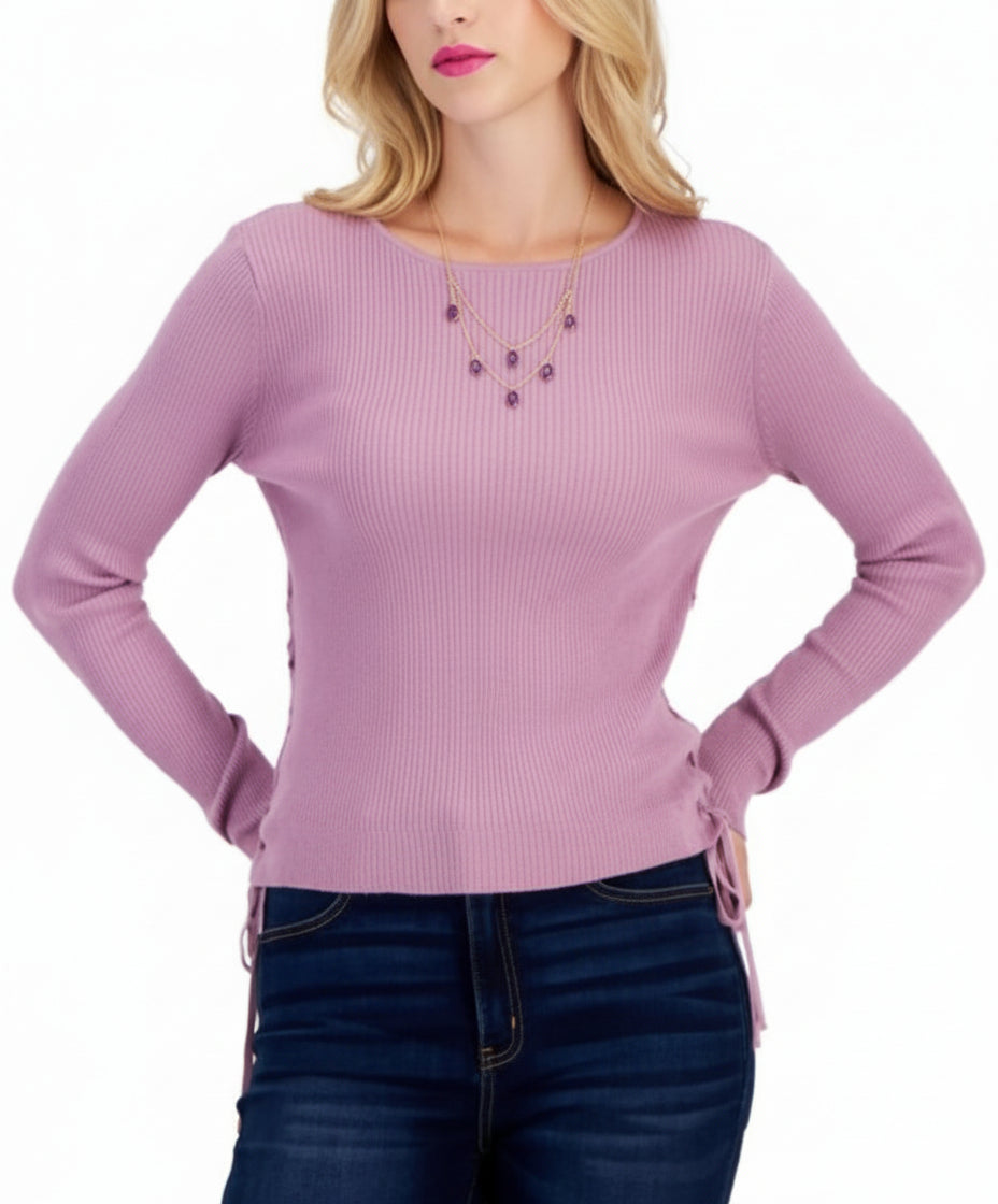 Hooked Up by IOT Juniors Ribbed-Knit Scoop-Neck sweater top Dull Mauve XS