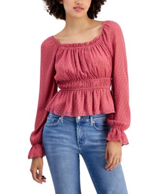 Planet Heart Juniors Long-Sleeve Ruched Peplum Blouse Top- Ivory ,Medium