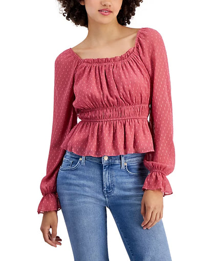 Planet Heart Juniors Long-Sleeve Ruched Peplum Blouse Top- Ivory ,Medium