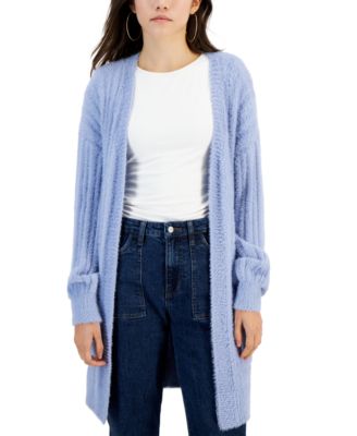 Hippie Rose Juniors Eyelash Ribbed Open-Front Cardigan Coco Ash Large