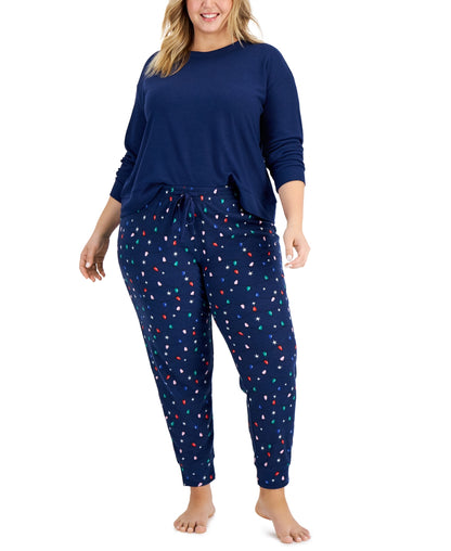 Jenni Plus Size Waffle Pajama Set Holiday Lights