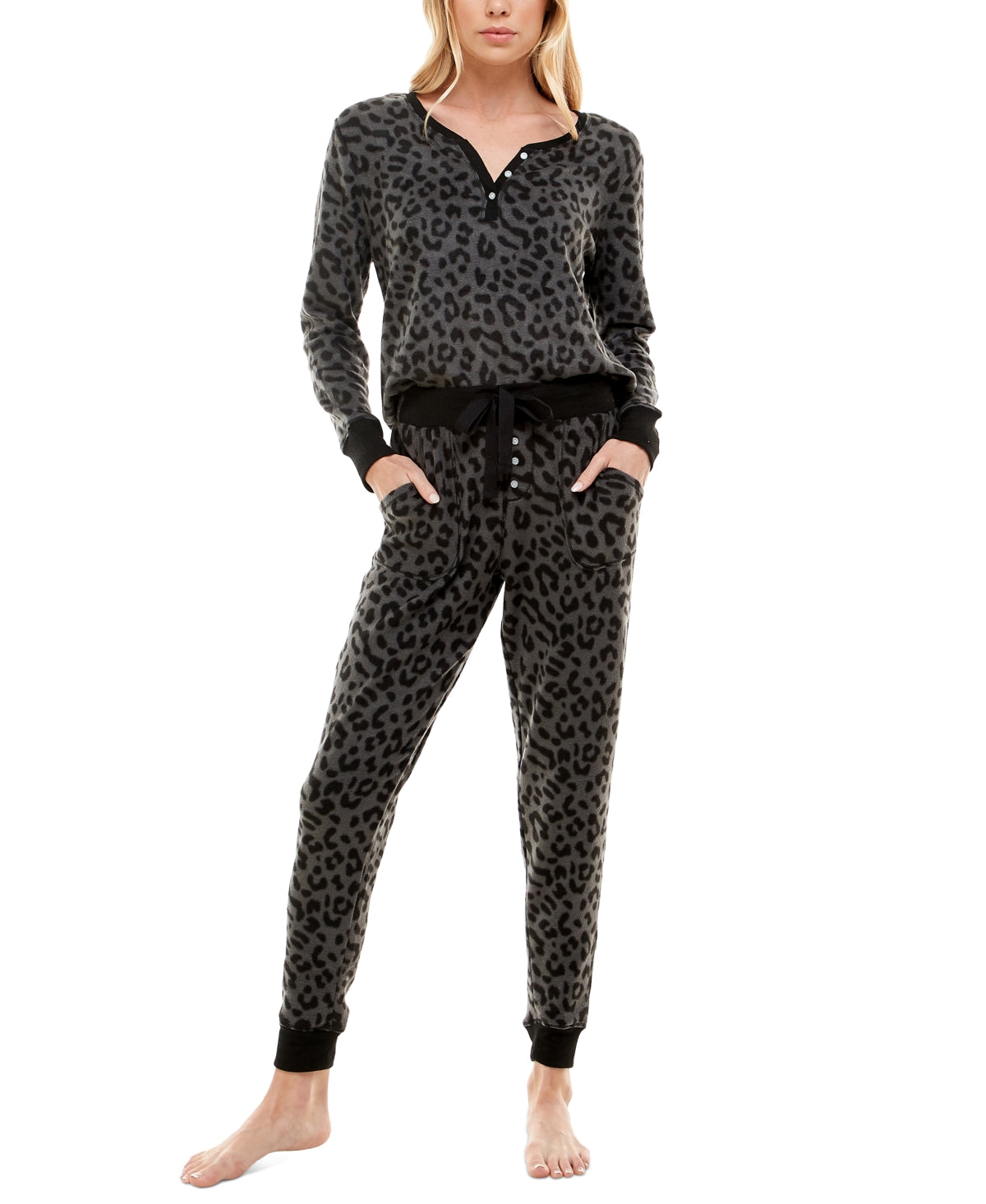 Haut Henley imprimé en similicuir Jaclyn Intimates Jogg Big Kitty Ebony Slate