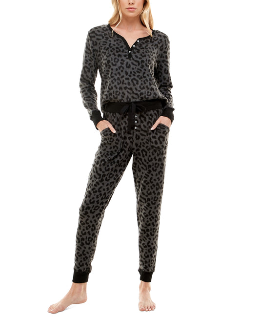 Haut Henley imprimé en similicuir Jaclyn Intimates Jogg Big Kitty Ebony Slate