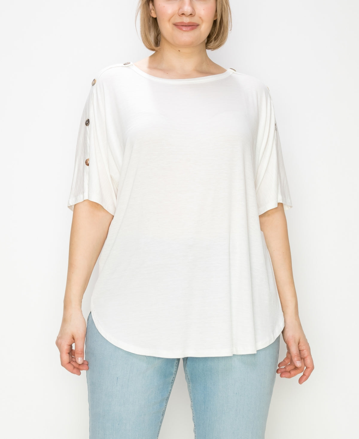 COIN 1804 Women's Plus Size Button Shoulder Short sleeve Boat neck blouse top Off White 2X