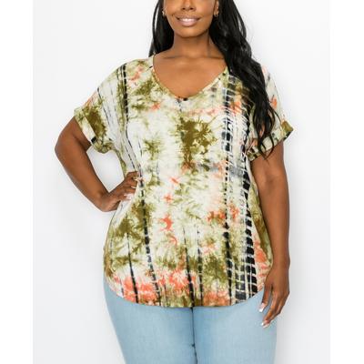 COIN 1804  Women's Plus Size Hand Tie Dye V-Neck Rolled Sleeve Top-Taupe Olive 2X